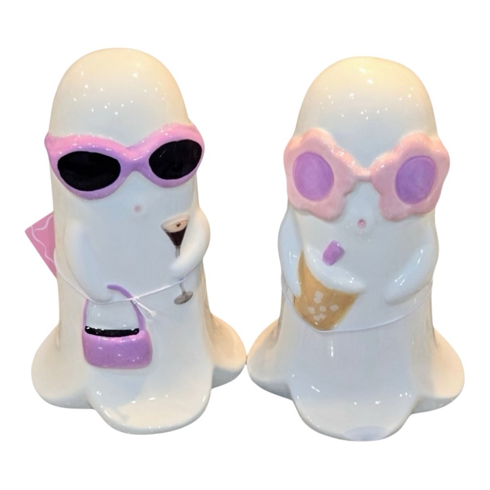 Halloween Ceramic Ghost Girl With Purse & Martini & Coffee Girl Purple Glasses